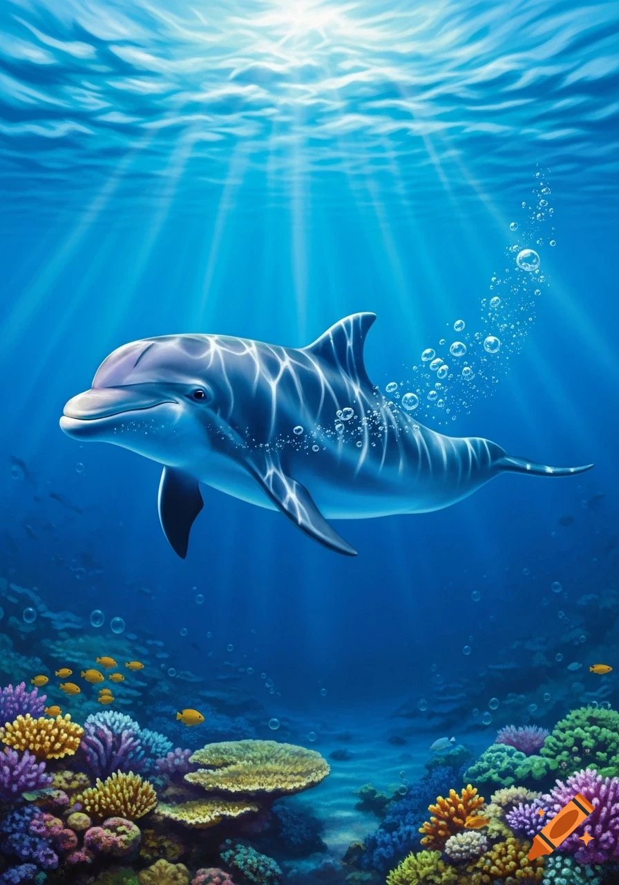 A beautiful illustration of a dolphin swimming in sunlit blue ocean water above a vibrant coral reef.