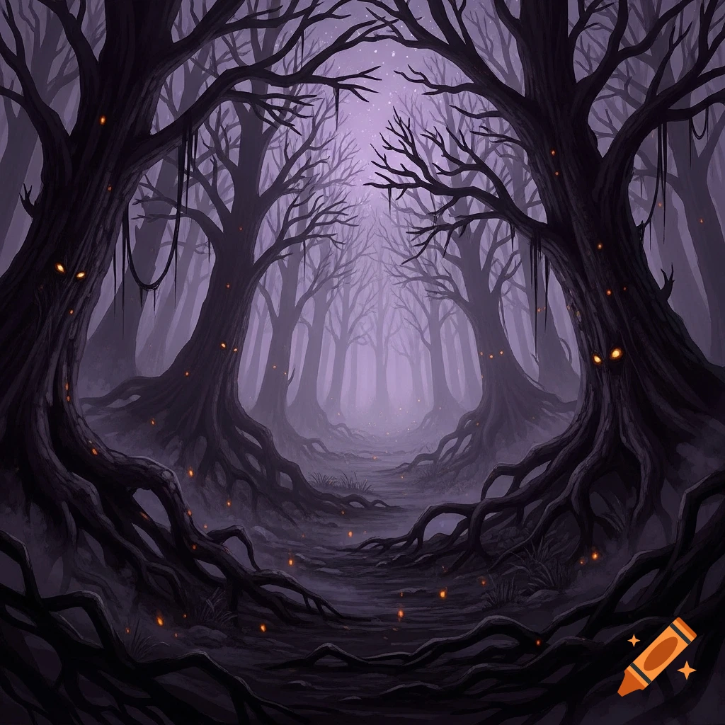 Dark, eerie fantasy illustration of a haunted forest at twilight with ...