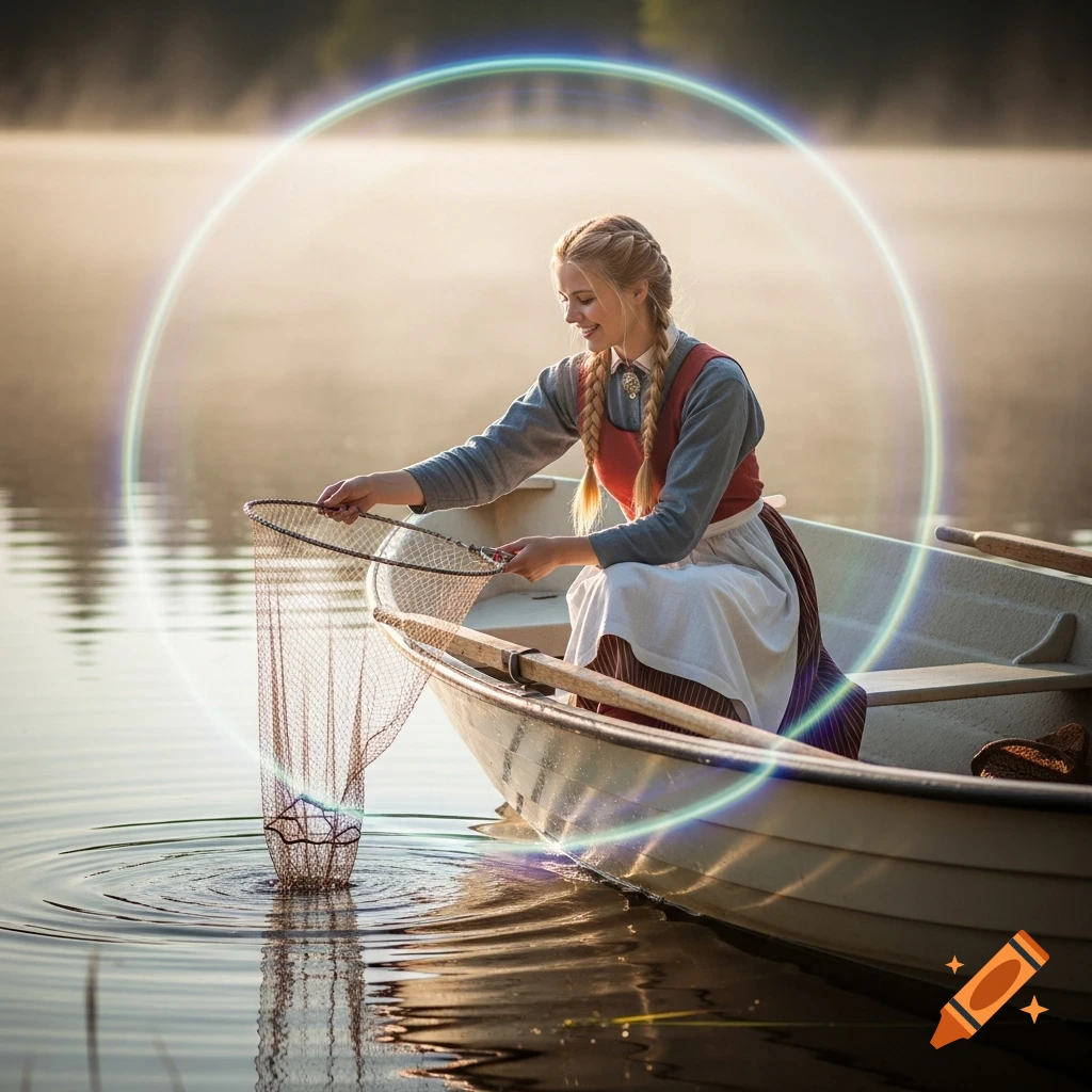 A smiling young woman in traditional attire, with braided blonde hair, sits in a rowboat on a misty lake, lowering a fishing net. A shimmering holographic aura encircles her. Photorealistic.