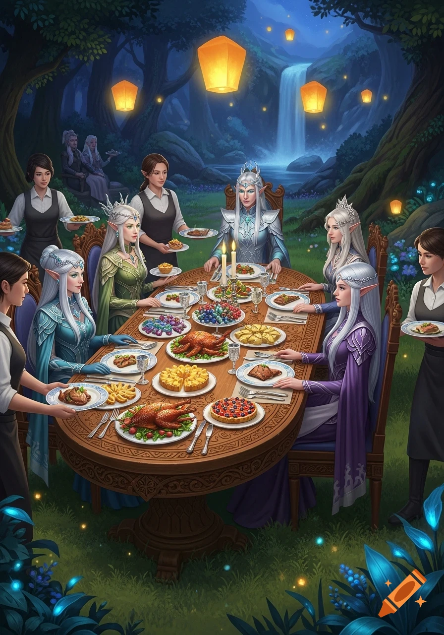 Elves and human servers dine at a lavish table in an enchanted forest at night, illuminated by floating lanterns and a waterfall.