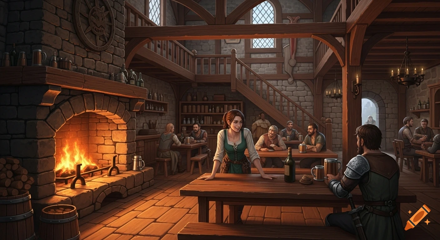 A cozy medieval fantasy tavern at night with a roaring fireplace, wooden beams, and diverse patrons. A female tavern keeper smiles at a customer.