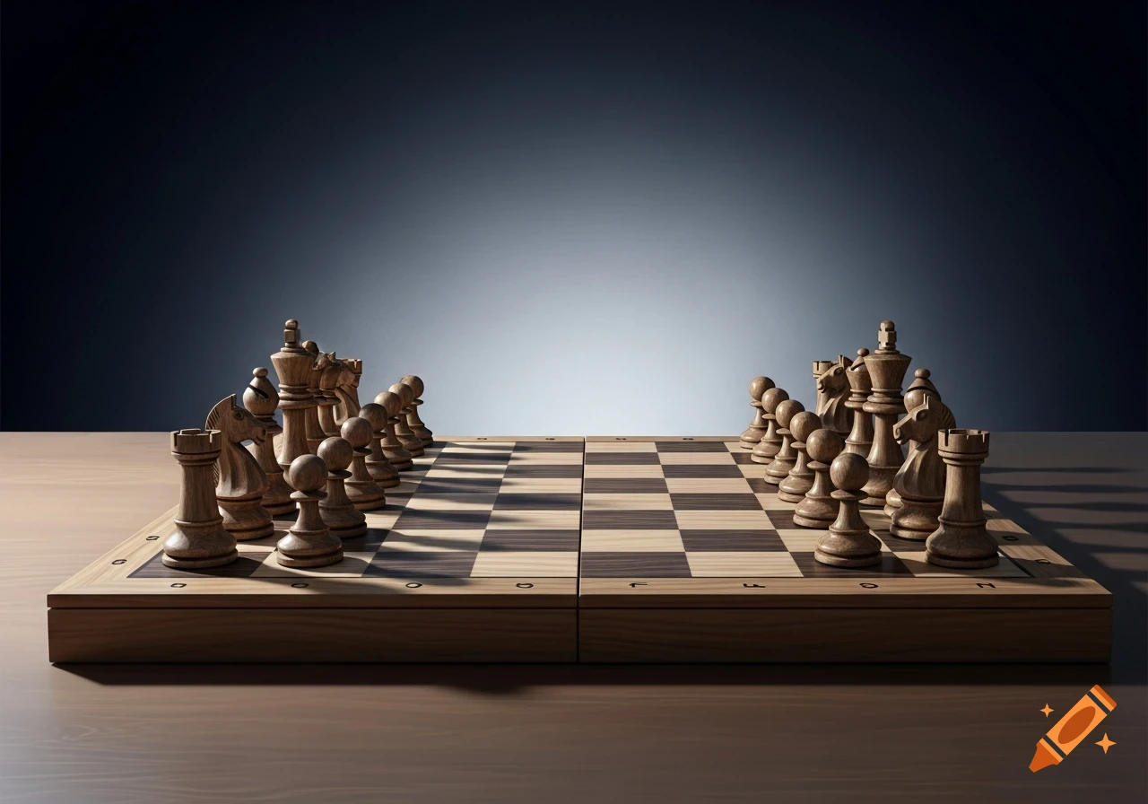 Wooden chess board with all pieces set up, against a dark gradient background.