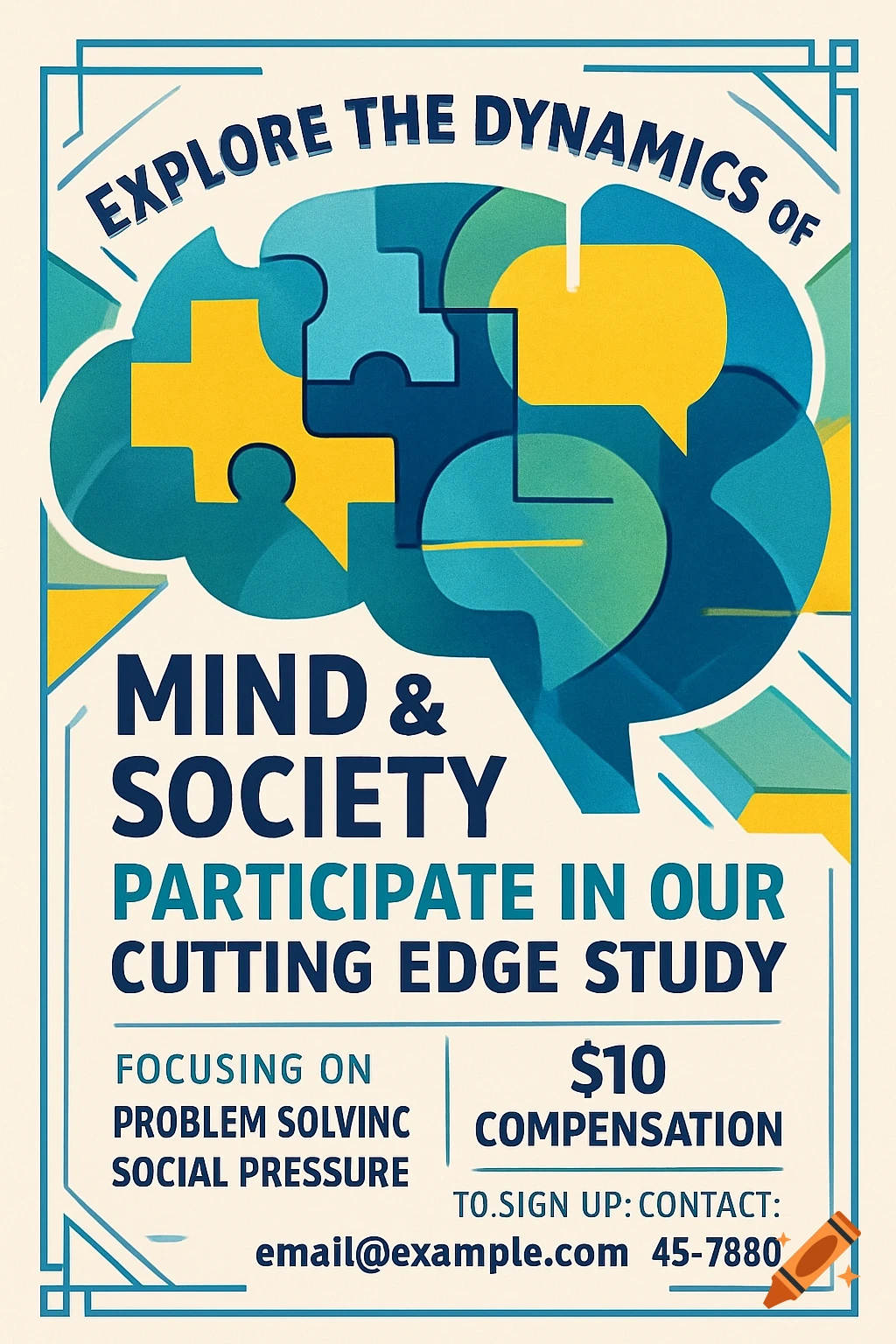 A blue and yellow abstract geometric flyer advertising a psychology study titled "Explore the Dynamics of Mind & Society" with details on participation and compensation.