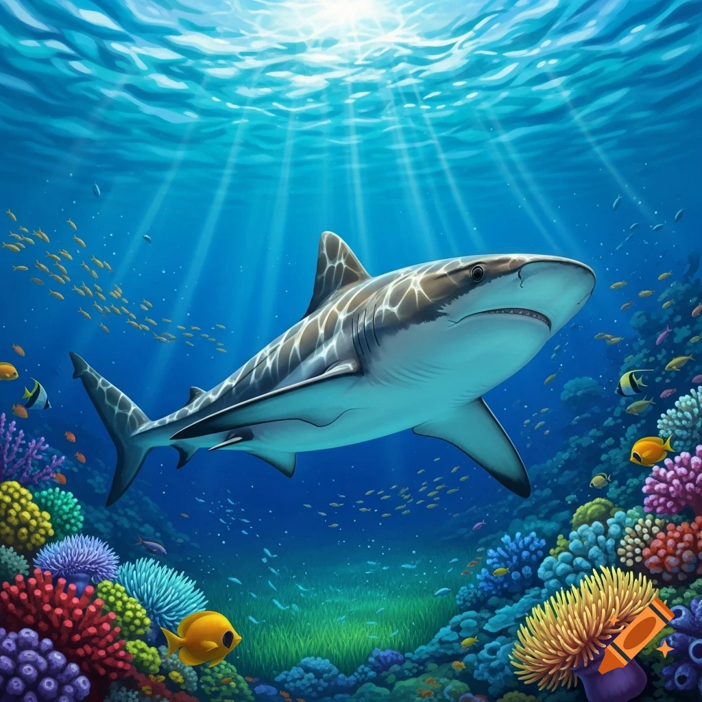 A majestic shark swims through a vibrant coral reef, with sun rays piercing the clear blue water above.