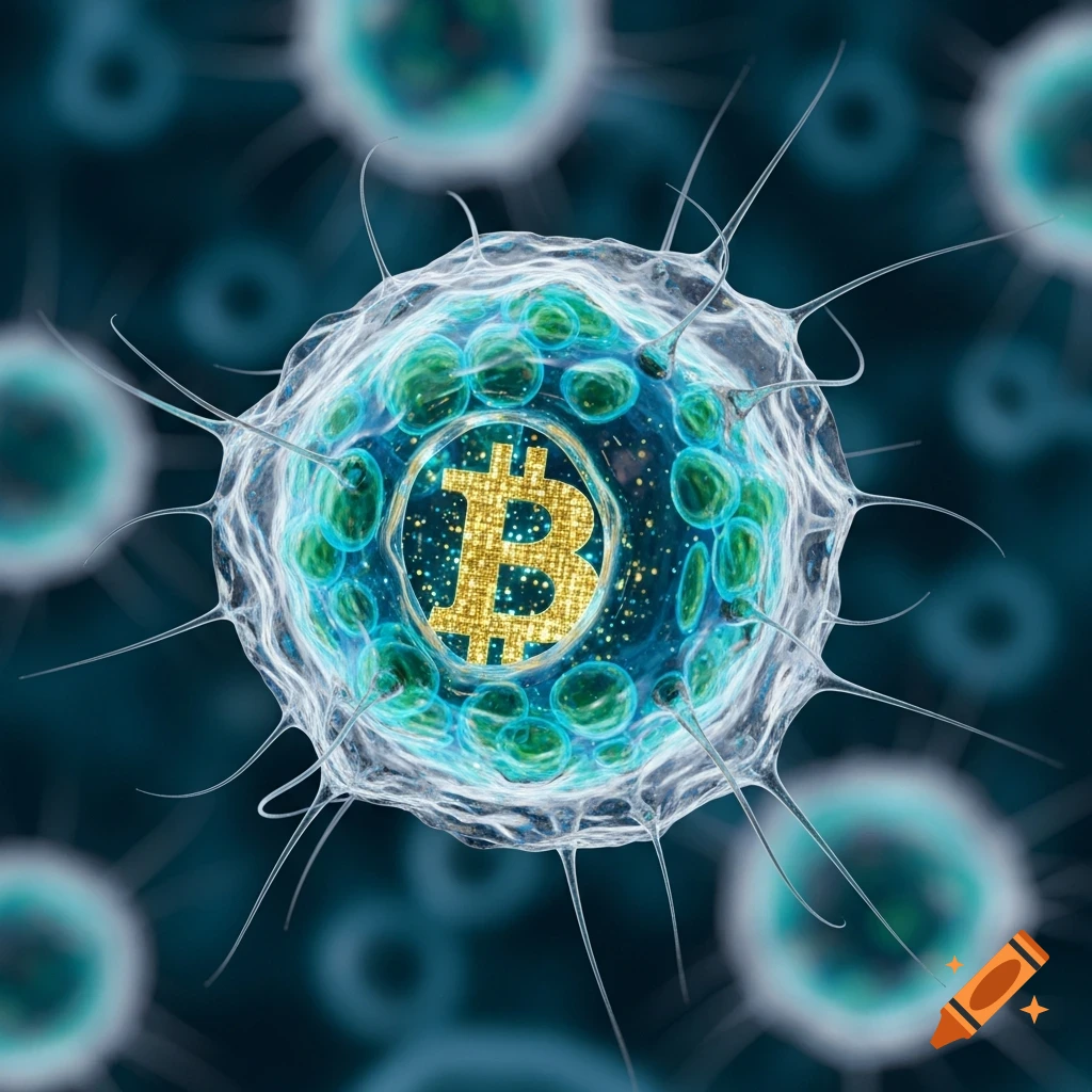 A microscopic organism with spiky appendages and an internal glowing structure, centered with a golden, glittering Bitcoin symbol.