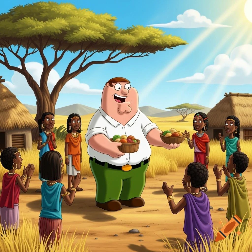 Peter Griffin, a cartoon man, stands in an African village, holding two baskets of fruit and offering them to a group of children and women in traditional attire.