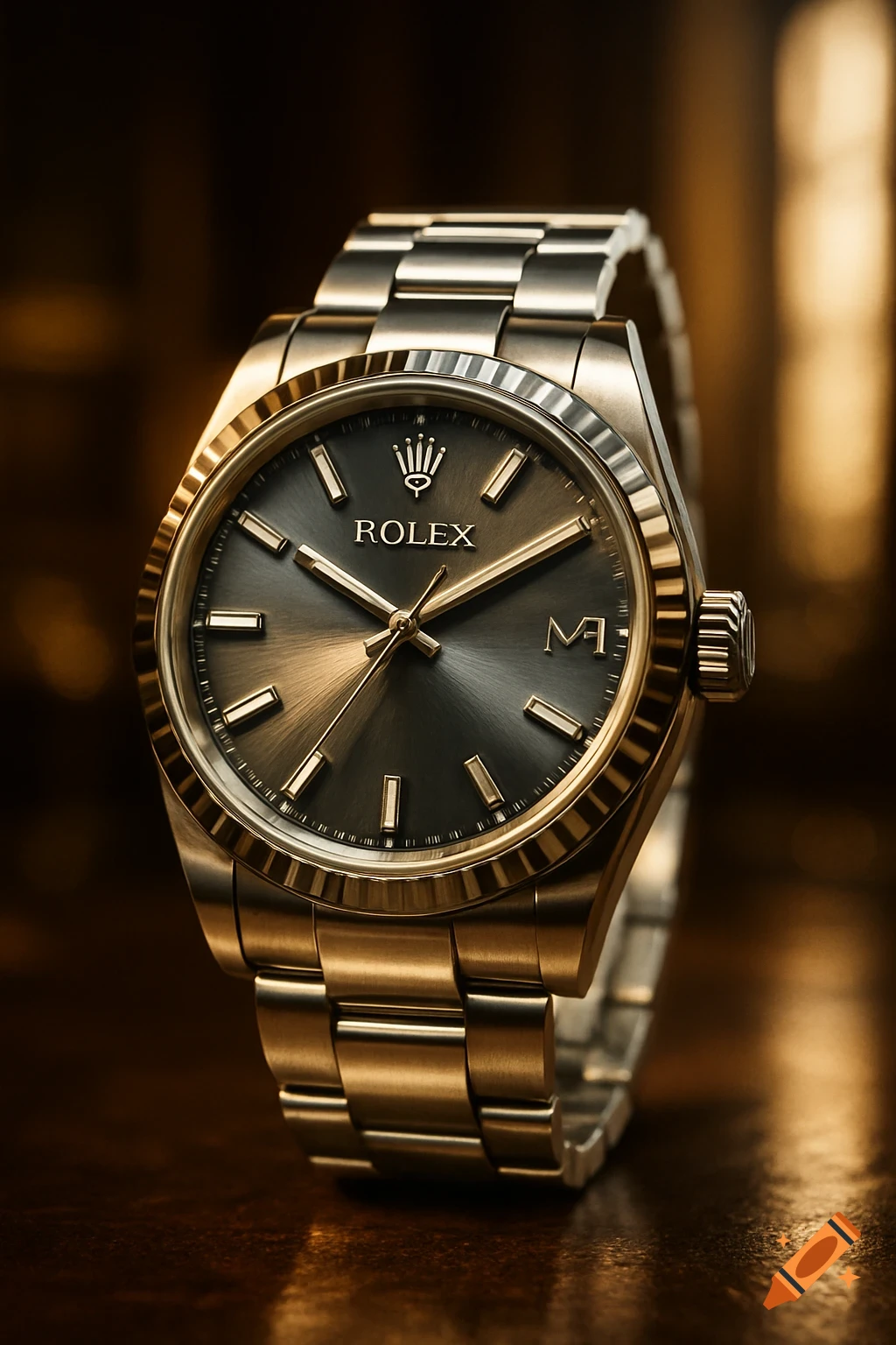 A close-up, photorealistic image of a shiny gold and silver Rolex watch with a dark gray dial, on a blurred warm background.