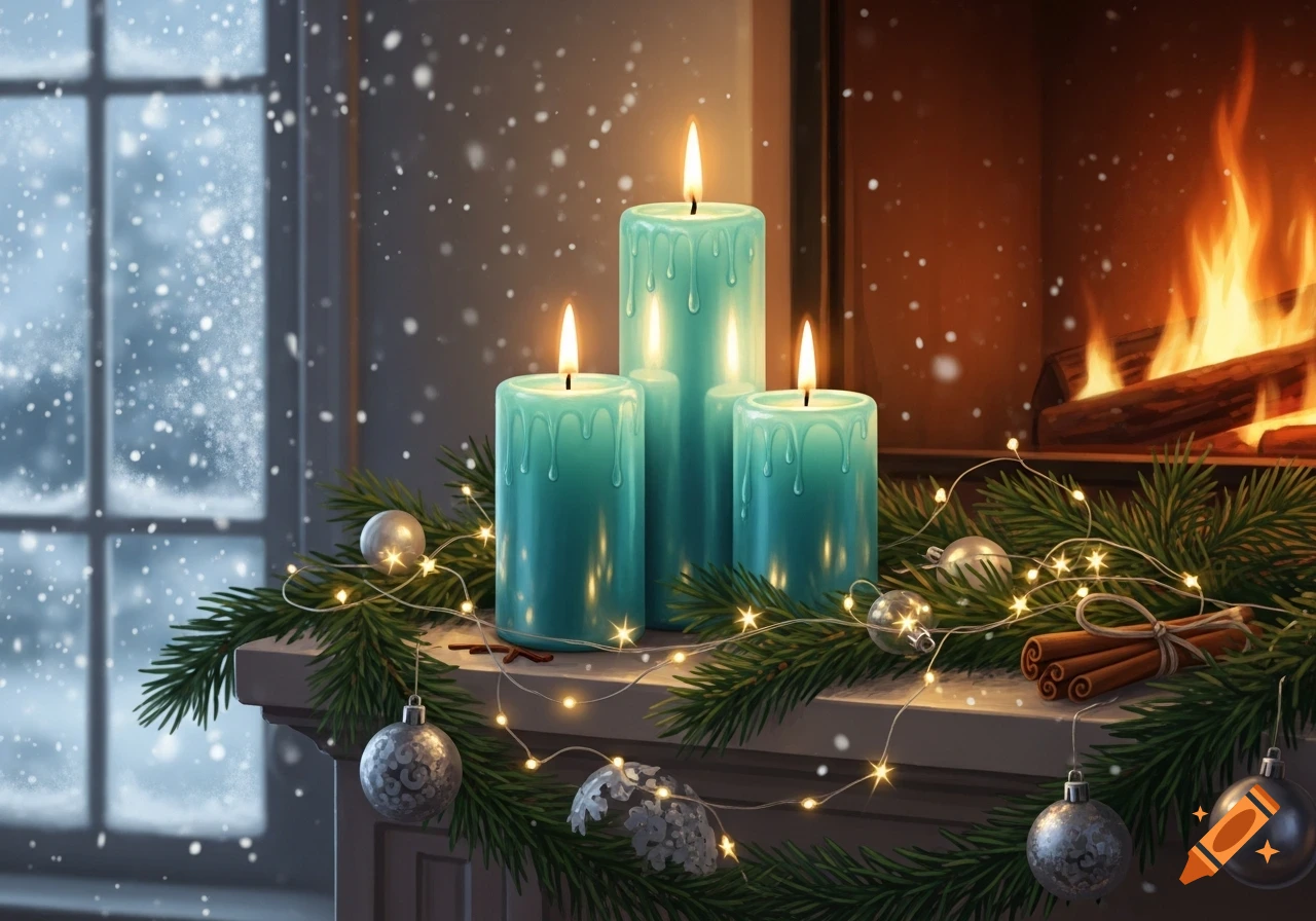 Lit turquoise candles, pine garland with ornaments and string lights on a mantelpiece, with snow falling outside a window and a cozy fireplace.