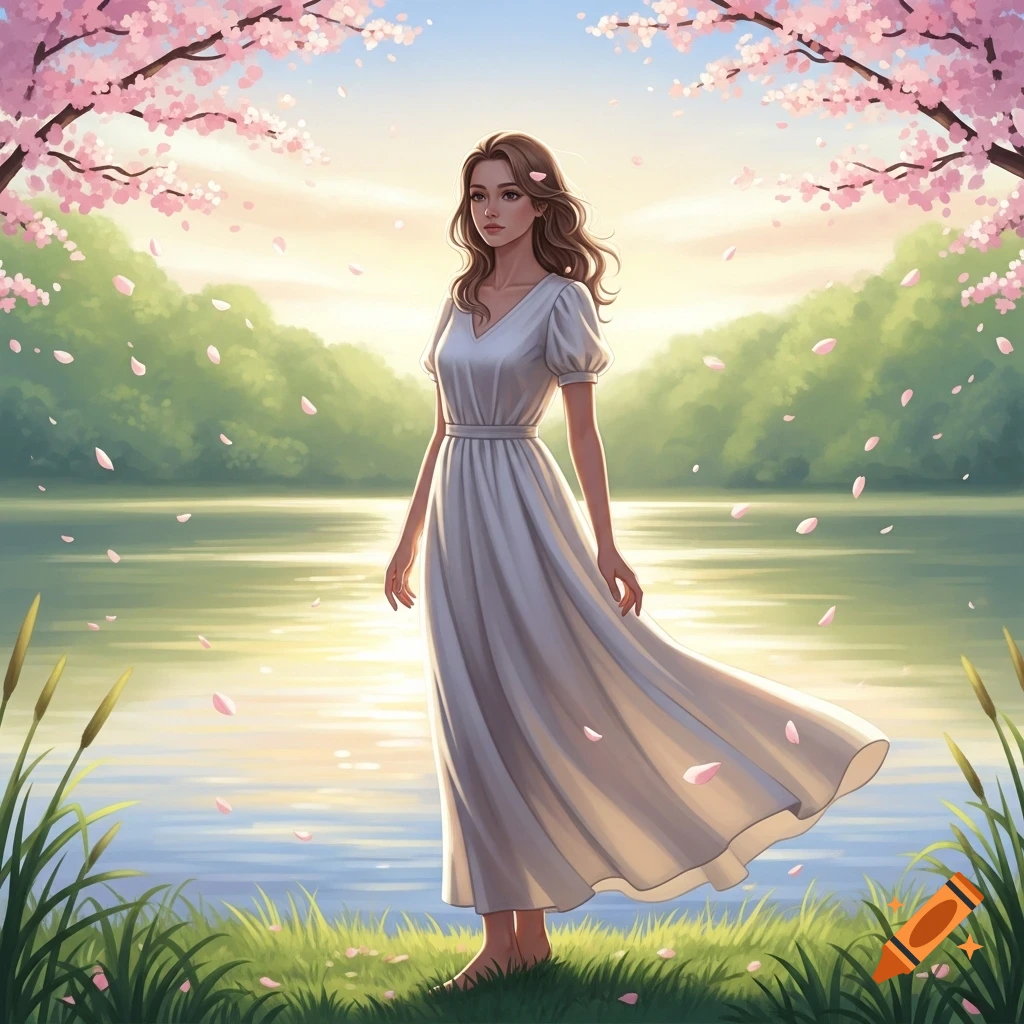 Illustrated woman in white dress by a lake with pink cherry blossoms and falling petals.