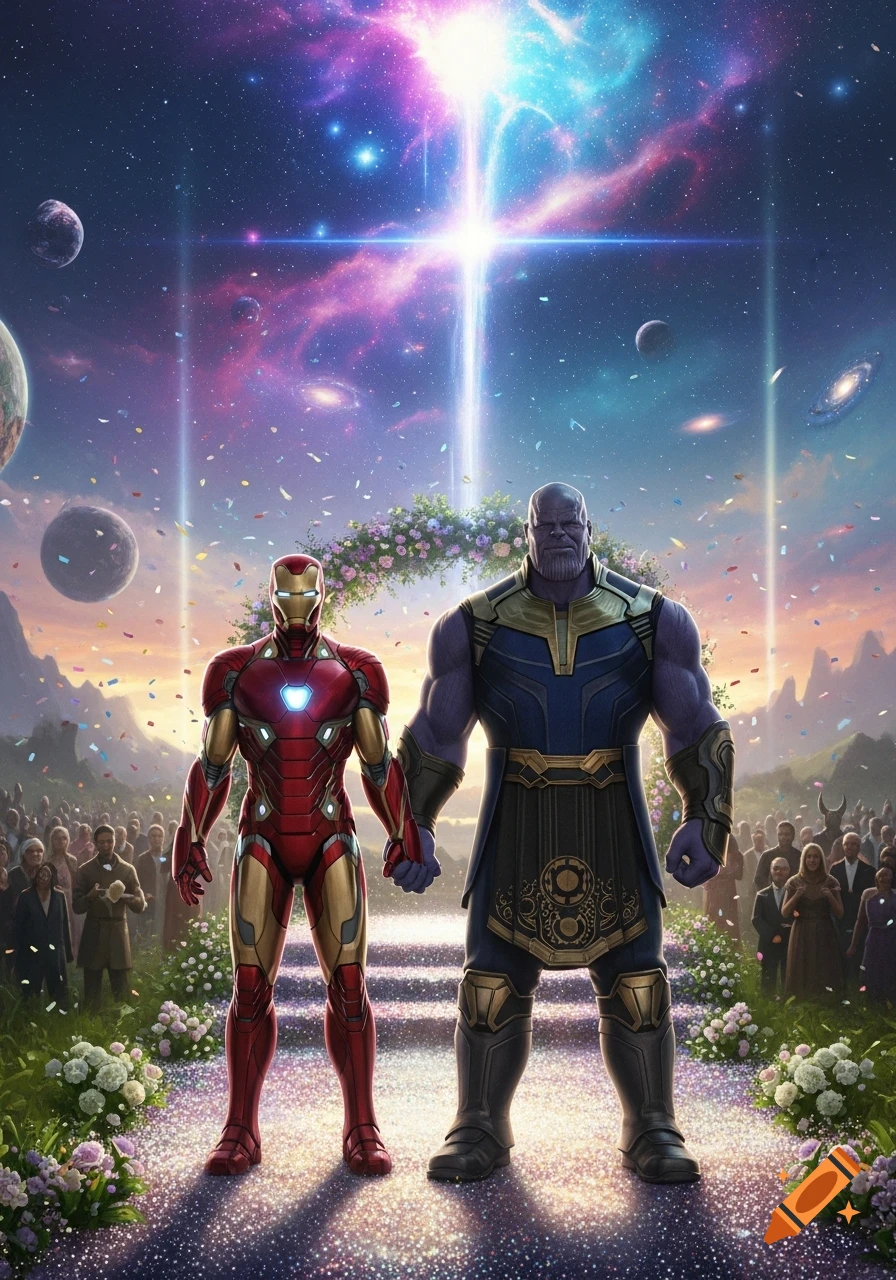 Iron Man and Thanos stand hand-in-hand at a cosmic wedding ceremony, surrounded by guests, flowers, planets, and a vibrant nebula.
