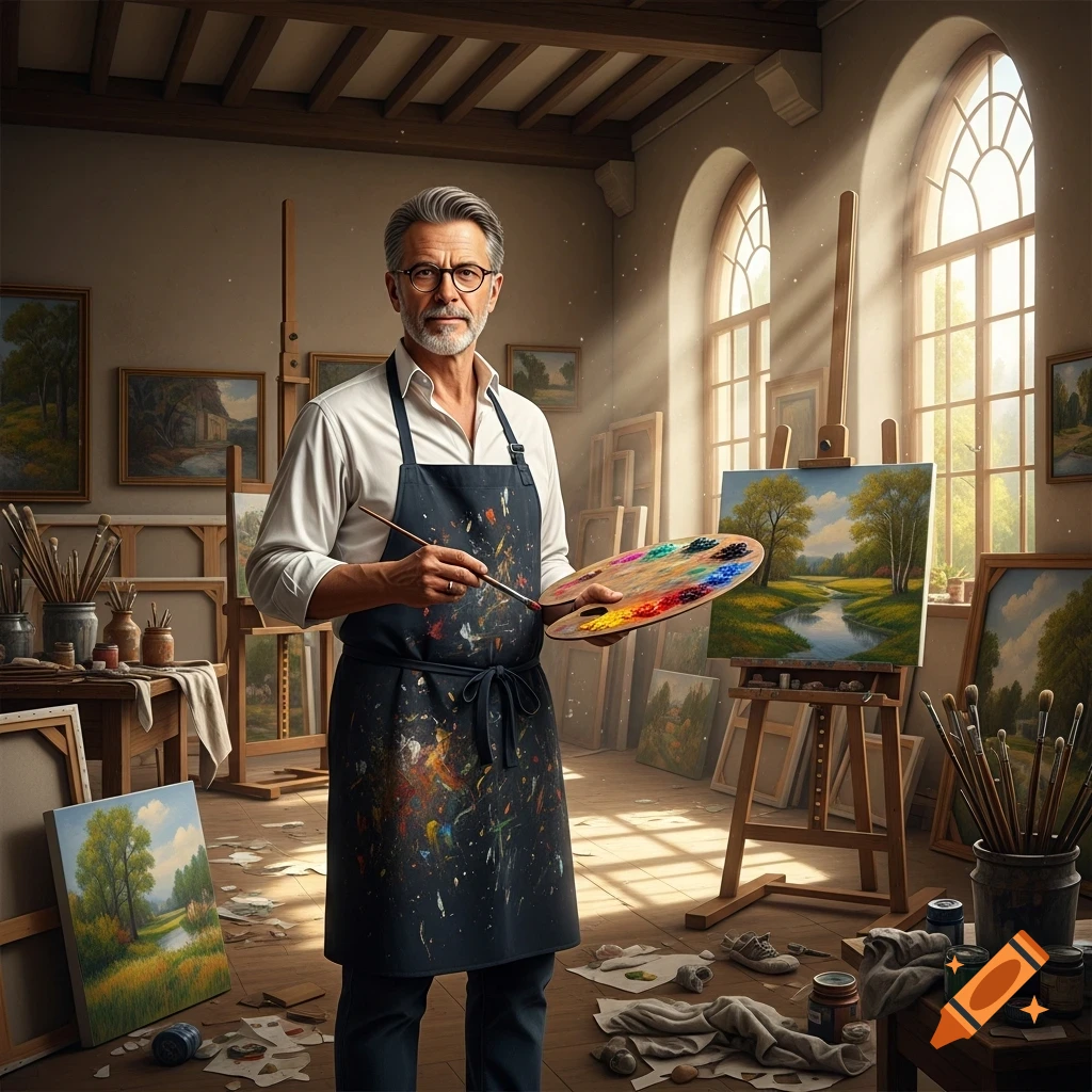 A male painter with glasses and an apron holding a palette and brush in a sunlit art studio filled with landscape paintings.