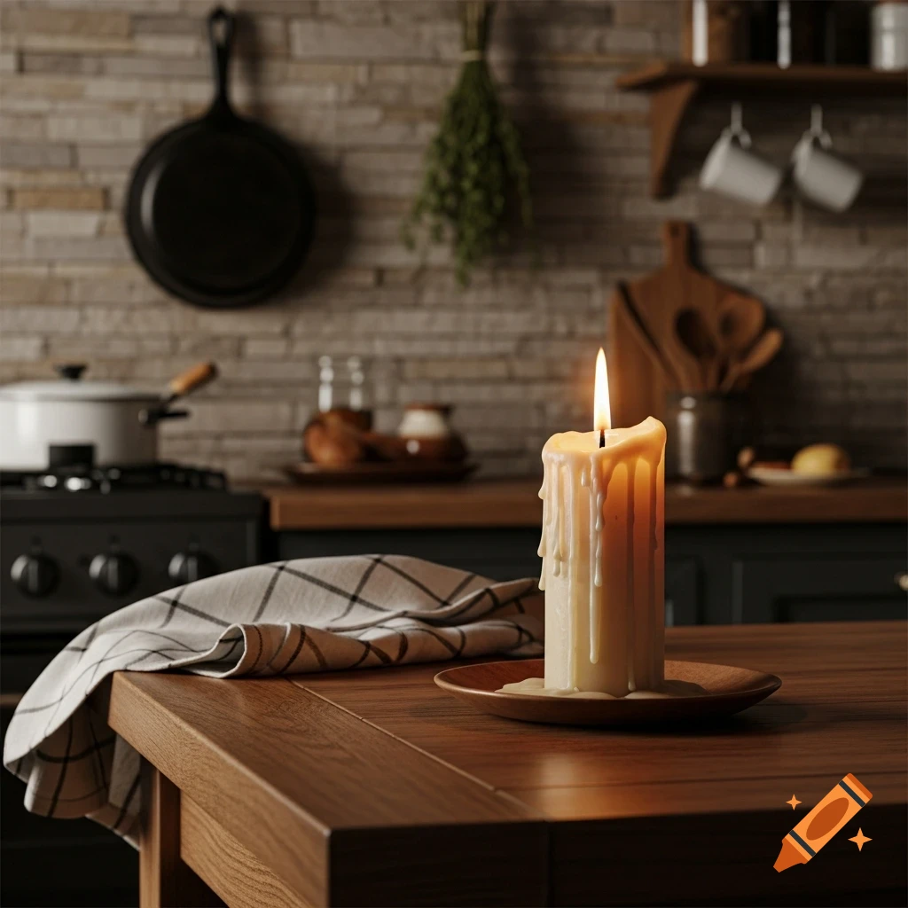 A lit, dripping candle on a wooden table in a rustic kitchen, with a plaid towel, stove, and hanging utensils in the background.
