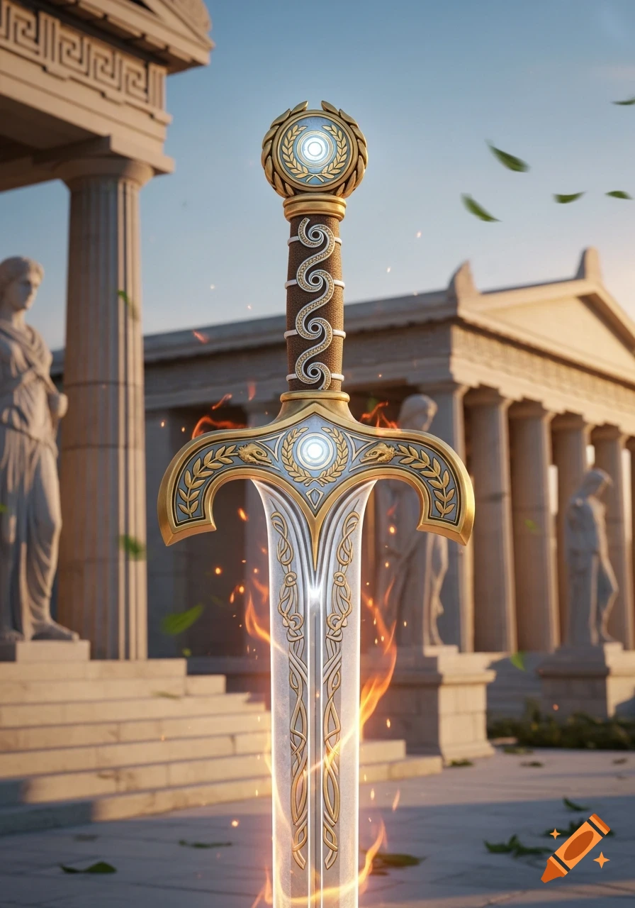 An ornate golden and silver sword, glowing with fire at its base, stands before ancient Greek temple ruins and statues under a blue sky.