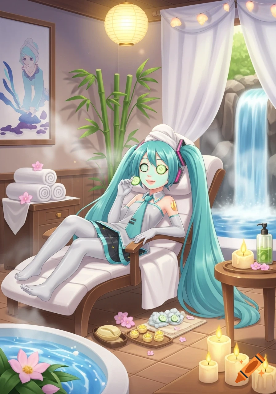 Hatsune Miku relaxing in a spa, lying on a lounge chair with a face mask and cucumber slices on her eyes, surrounded by candles, a waterfall, and a hot tub. Anime style.