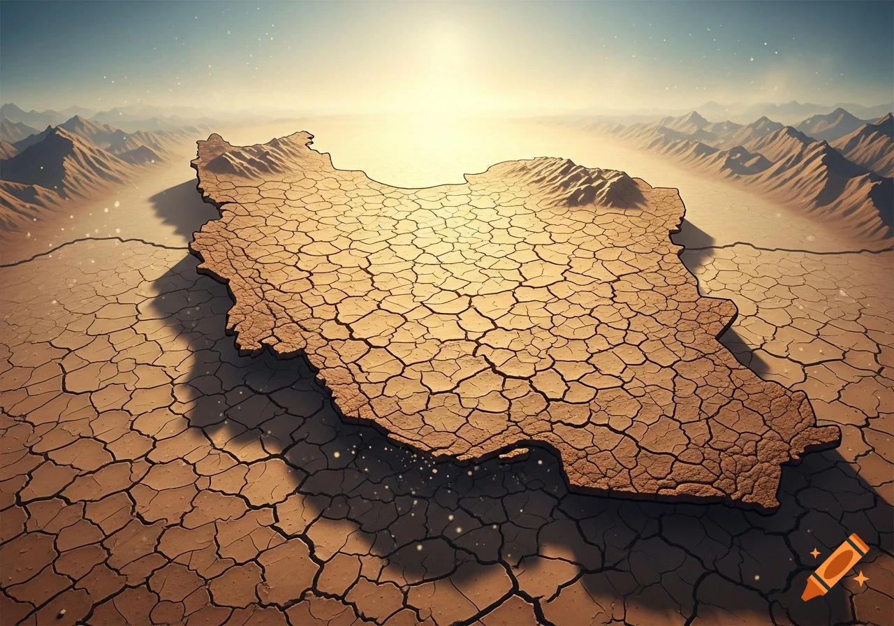 A map of Iran rendered as cracked, dry earth in a vast desert landscape with mountains under a bright sky.