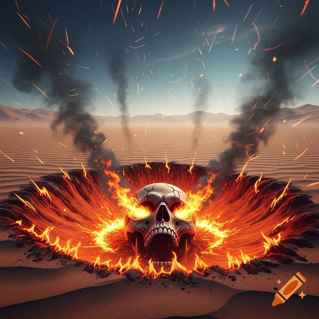 A screaming skull with glowing red eyes sits in a burning crater in a vast desert landscape with smoke and embers.