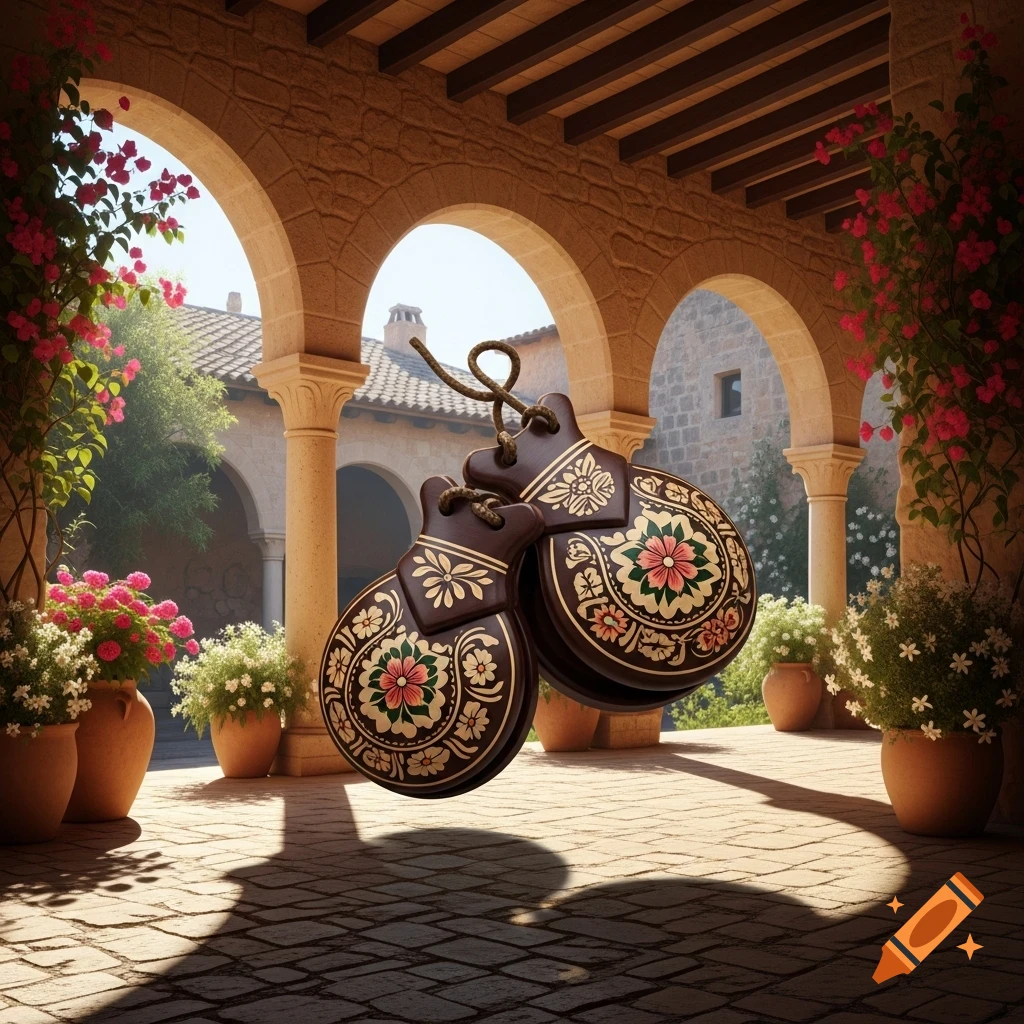 Ornate wooden castanets float in a sunny, arched stone courtyard with pink bougainvillea and potted plants.