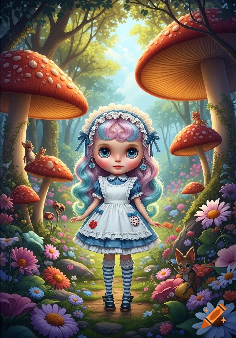 A Blythe-style doll girl with colorful hair stands in a whimsical fantasy forest filled with giant mushrooms and vibrant flowers.