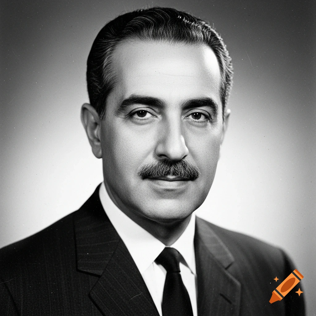 Formal black and white vintage portrait of a man with a mustache, looking directly forward.