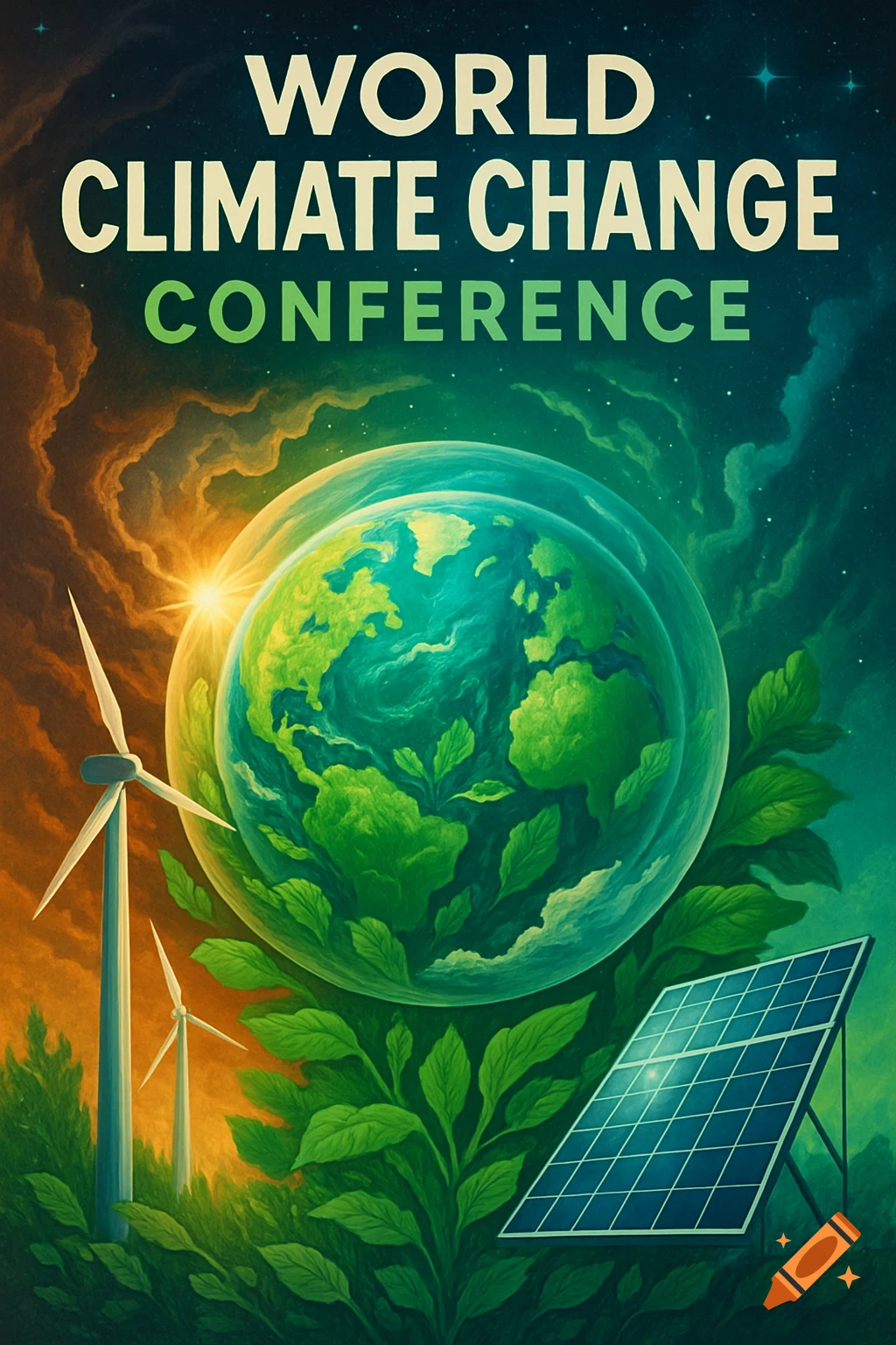 A vibrant poster for the World Climate Change Conference, featuring Earth, wind turbines, solar panel, and plants under a dramatic sky.