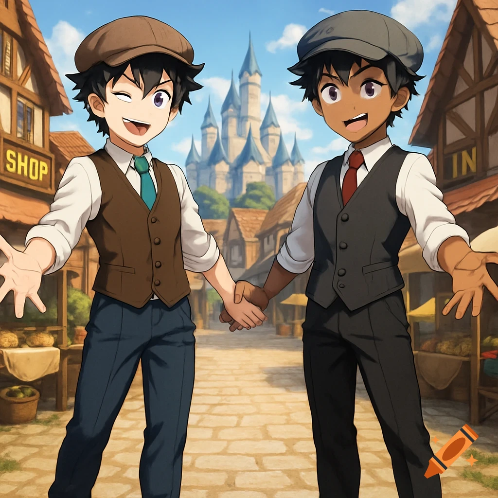 Two smiling anime boys in vests and newsboy caps hold hands in a rustic village with a castle in the background.