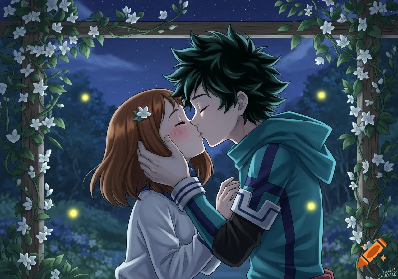 Anime characters Deku and Ochaco kiss under a floral archway at night, surrounded by fireflies.