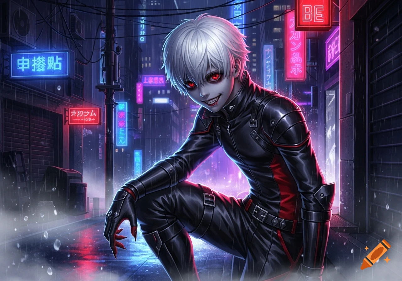 An anime ghoul boy with white hair, red eyes, sharp teeth, and clawed fingers squats on a rainy cyberpunk city street amidst neon signs.