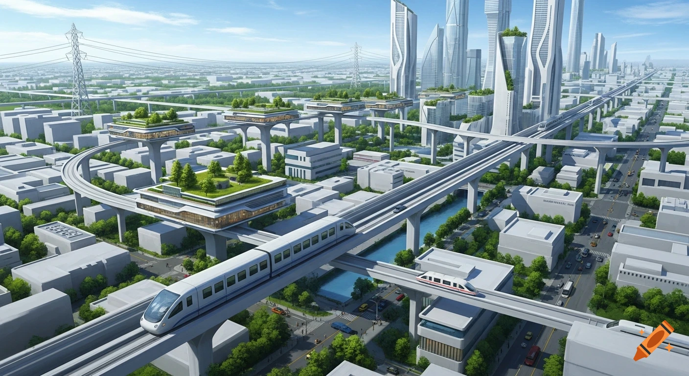 An aerial view of a bright, modern futuristic city with white skyscrapers, elevated monorails, and green spaces atop buildings, under a blue sky.