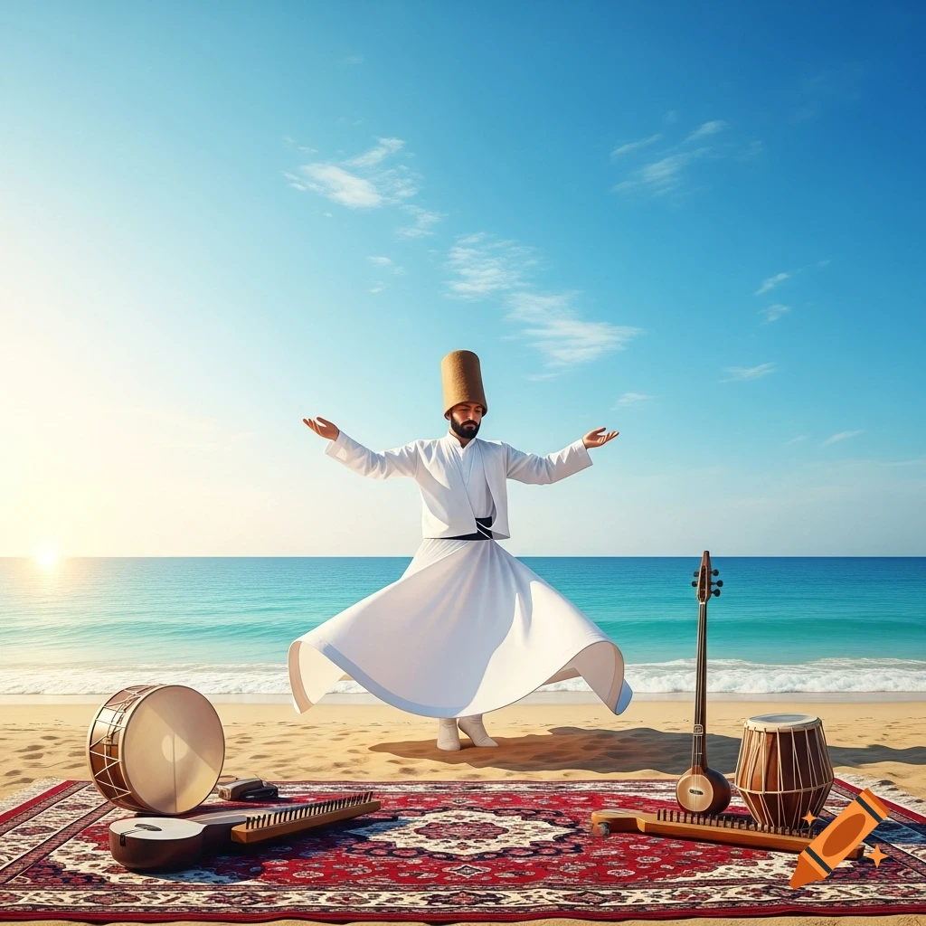 A whirling dervish in a white robe and tall hat dances on a beach with arms outstretched, surrounded by traditional musical instruments on a red rug, under a bright blue sky and setting sun over the ocean.