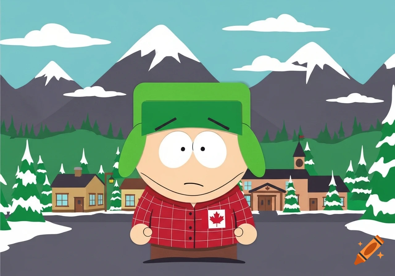 A cartoon character resembling Kyle from South Park, wearing a green hat and a red plaid shirt with a Canadian maple leaf, stands in a snowy town with mountains in the background.
