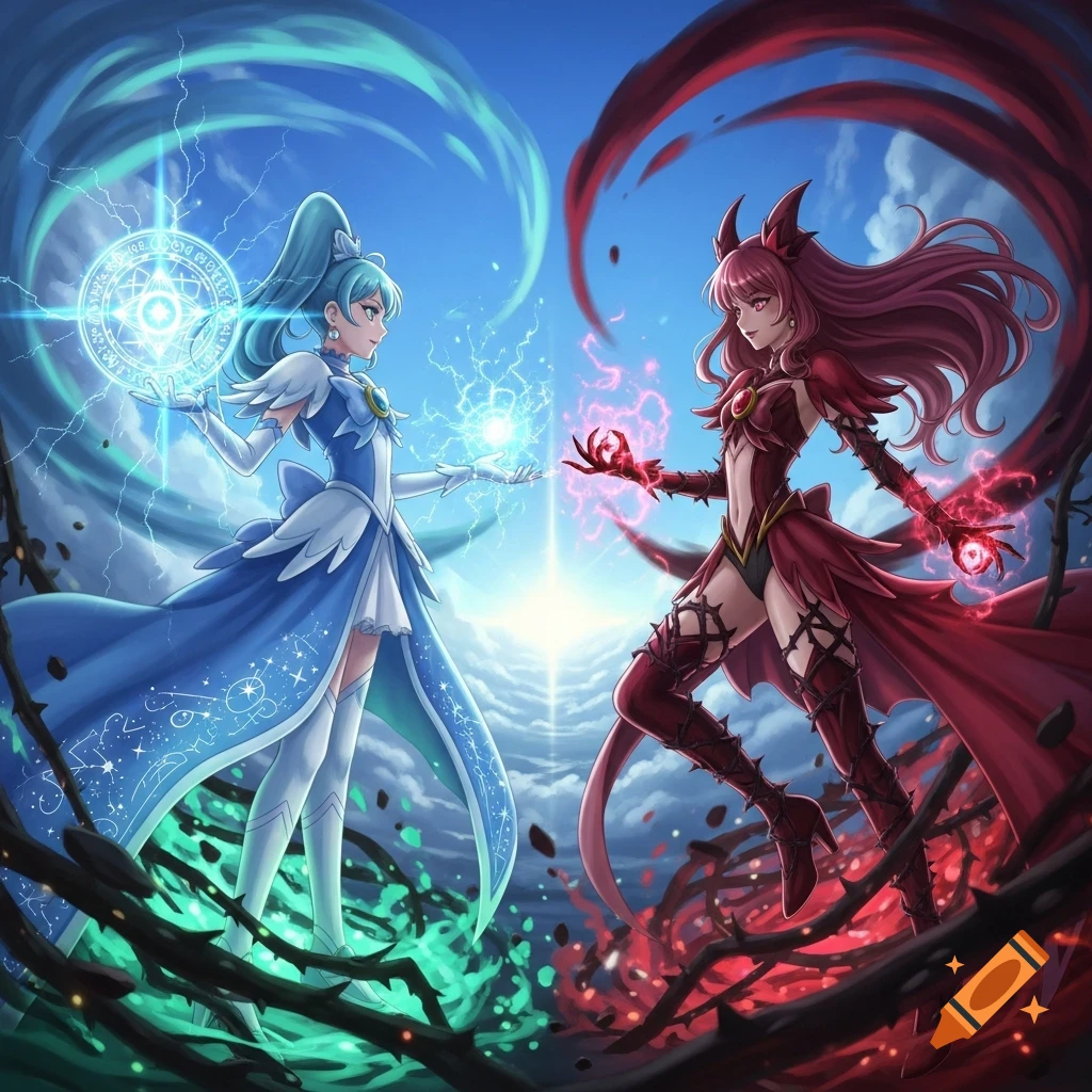Anime illustration of a light blue magical girl with glowing magic facing a red demon-like magical girl with dark magic, against a split sky.