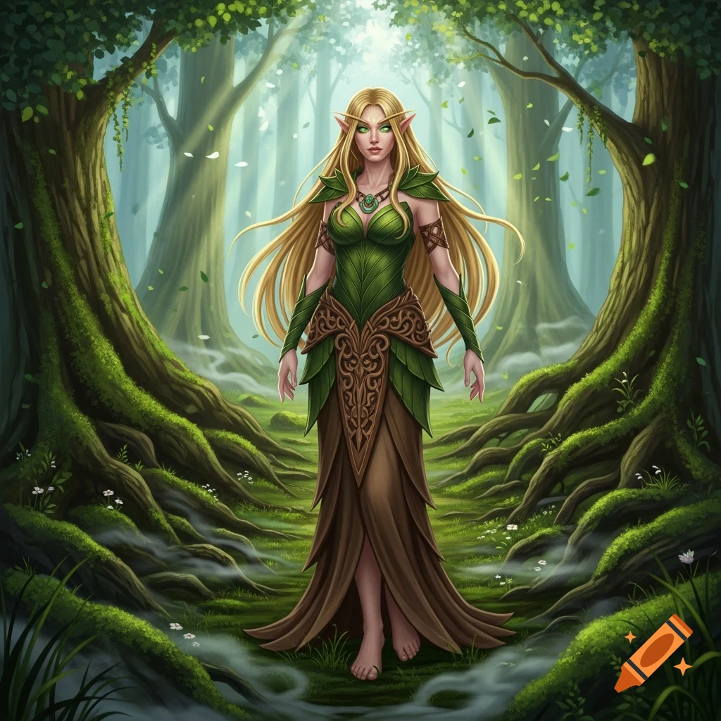 A blonde elf lady with long hair in a green and brown dress stands barefoot in a mystical forest with ancient trees and roots.