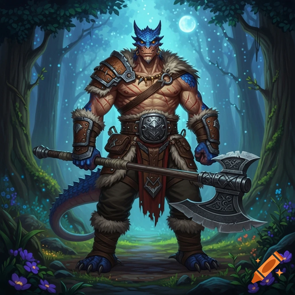 Muscular blue dragonborn barbarian in studded leather armor with fur accents, holding a large double-bladed axe in a magical forest at night.
