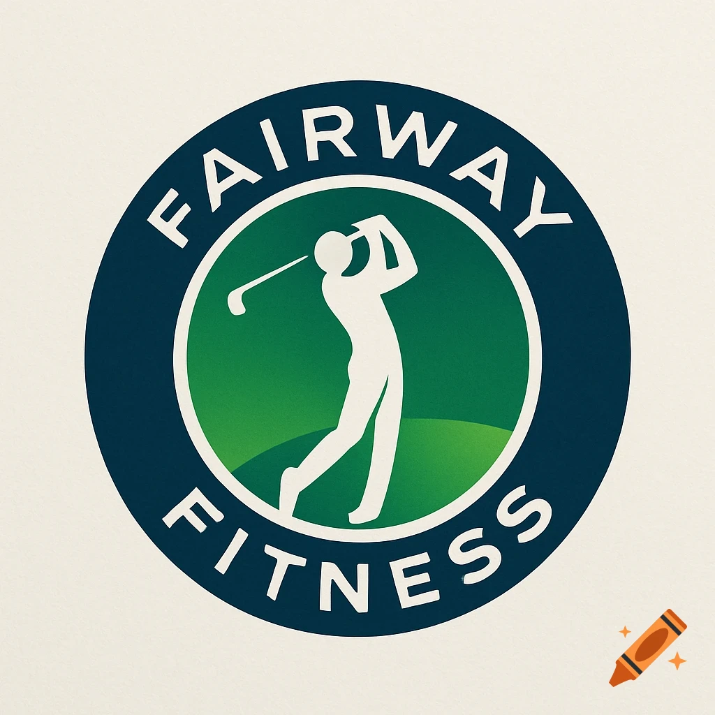 Circular logo for Fairway Fitness with a white silhouette of a golfer swinging a club within a green circle, surrounded by a dark blue ring with the words FAIRWAY FITNESS.
