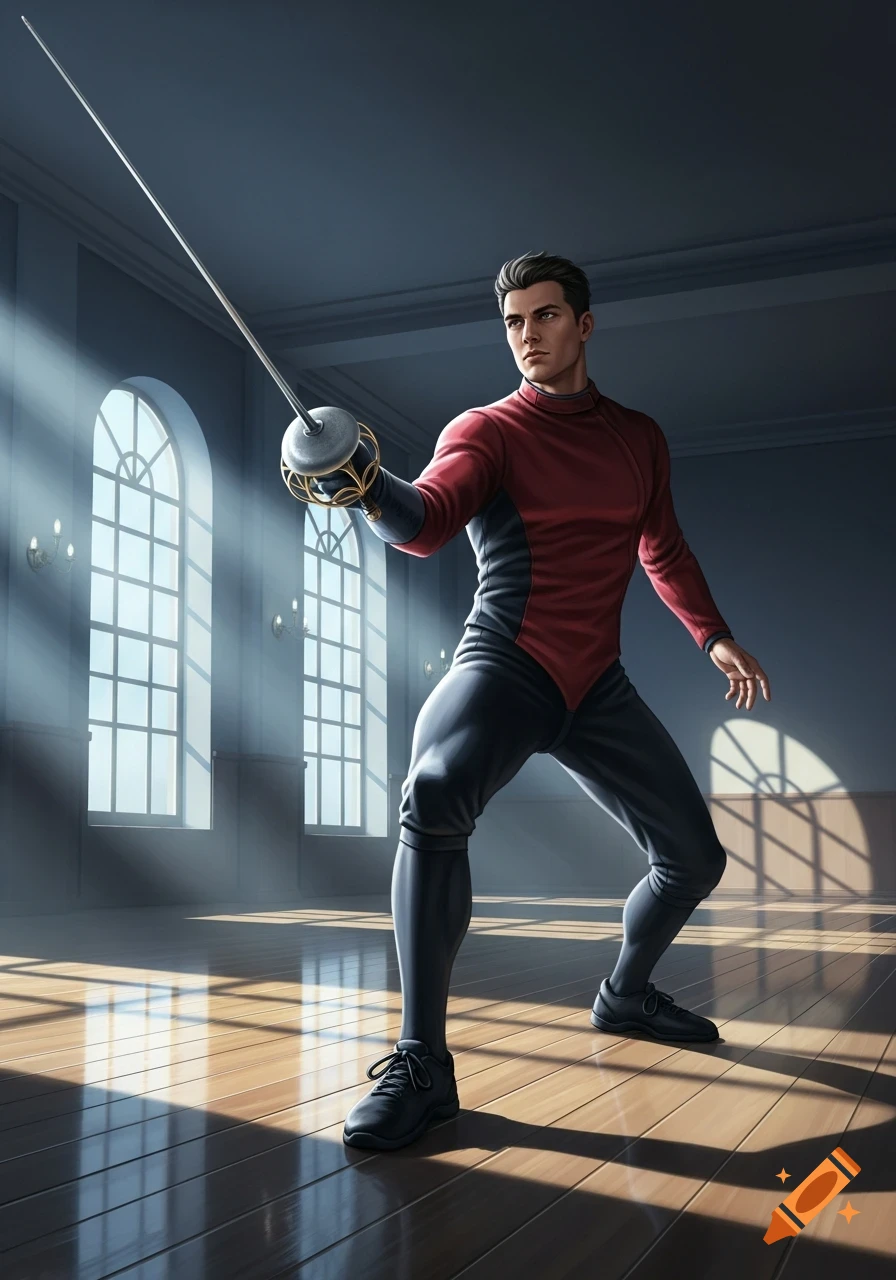 A male fencer in a red and black uniform holds a rapier in a fighting stance on a wooden floor, lit by sunlight from tall windows.