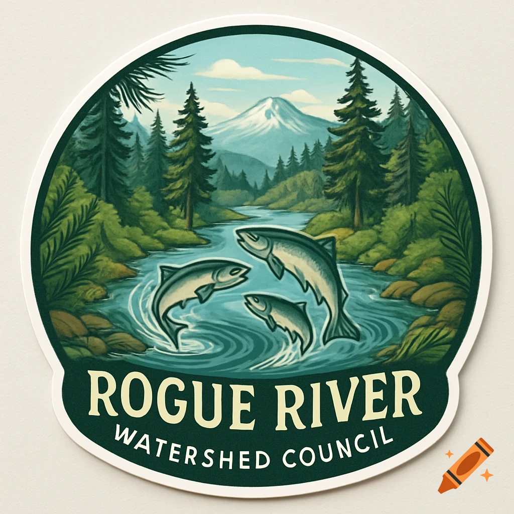 A round nature conservation sticker with a river, mountains, pine trees, and three jumping fish. Text reads 'Rogue River Watershed Council'.