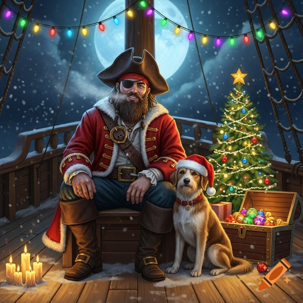 A smiling pirate in a Santa coat with an eye patch sits beside his dog in a Santa hat on a snowy ship deck with a Christmas tree under a full moon.