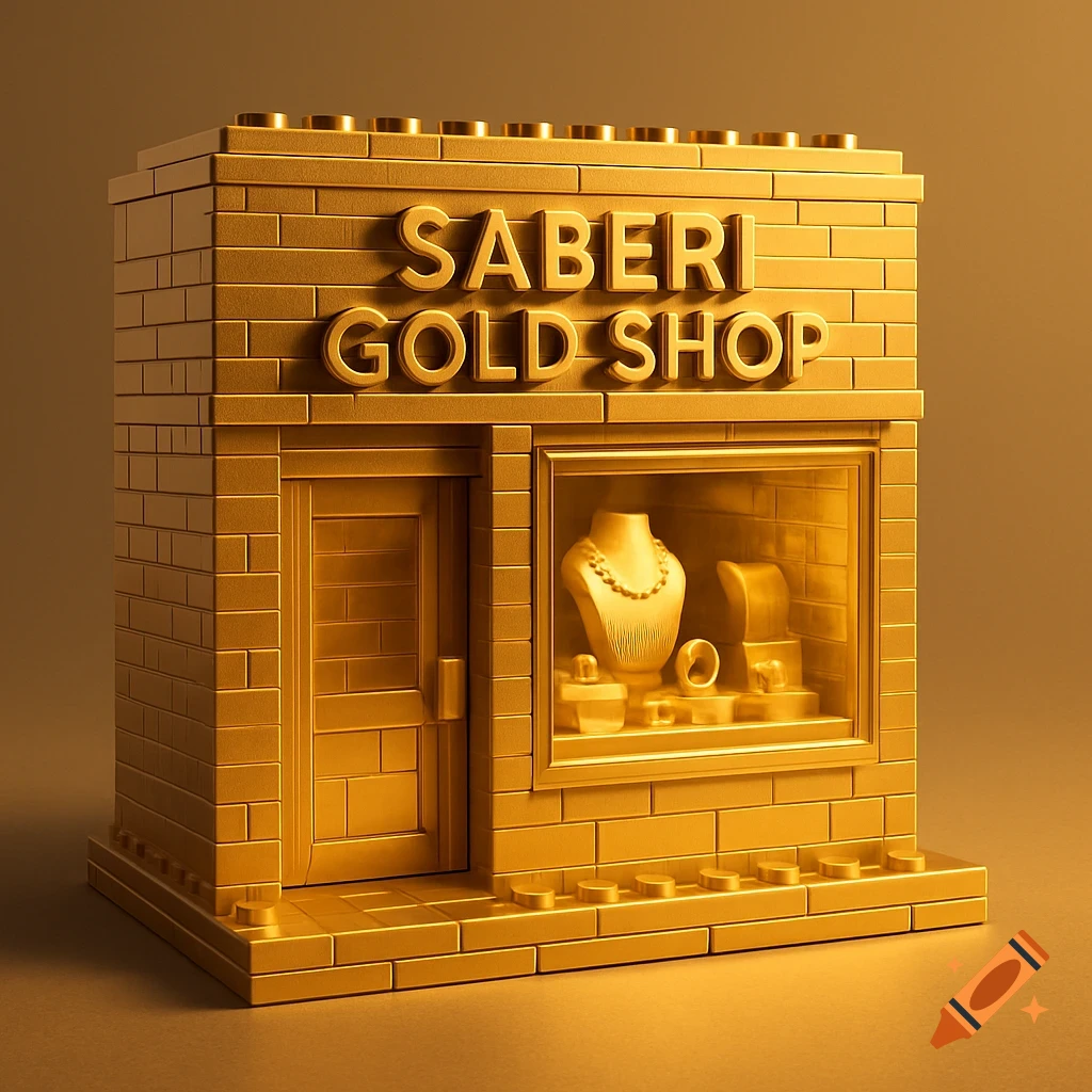 A shiny golden Lego-style building of Saberi Gold Shop with jewelry displayed in its window.