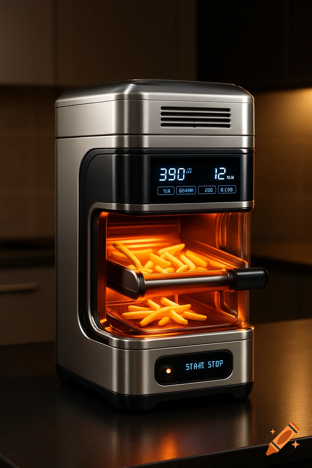 A sleek, stainless steel air fryer with a digital display and a glowing orange interior containing trays of golden french fries.