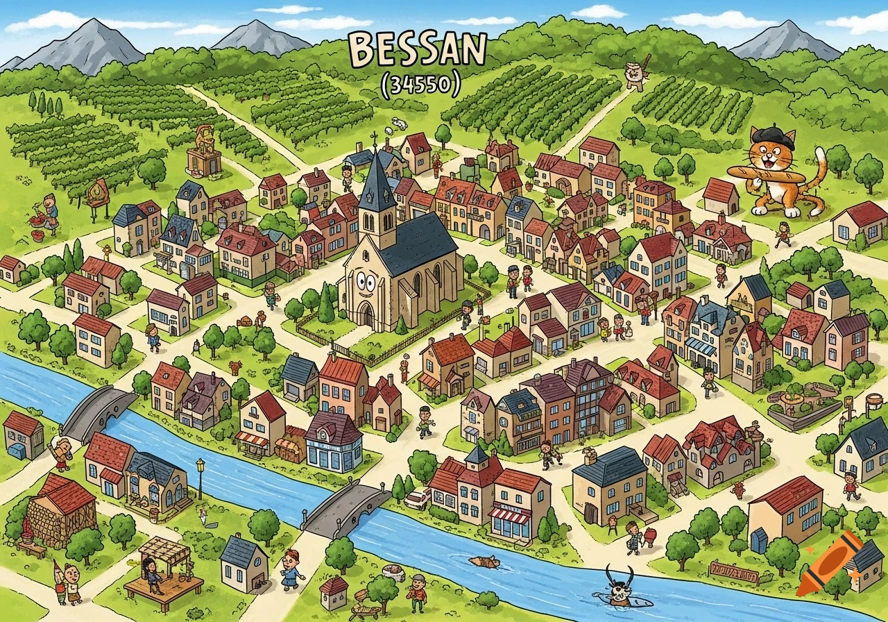 Humorous cartoon map of Bessan town, with a church, houses, river, vineyards, and whimsical characters like a beret-wearing cat.