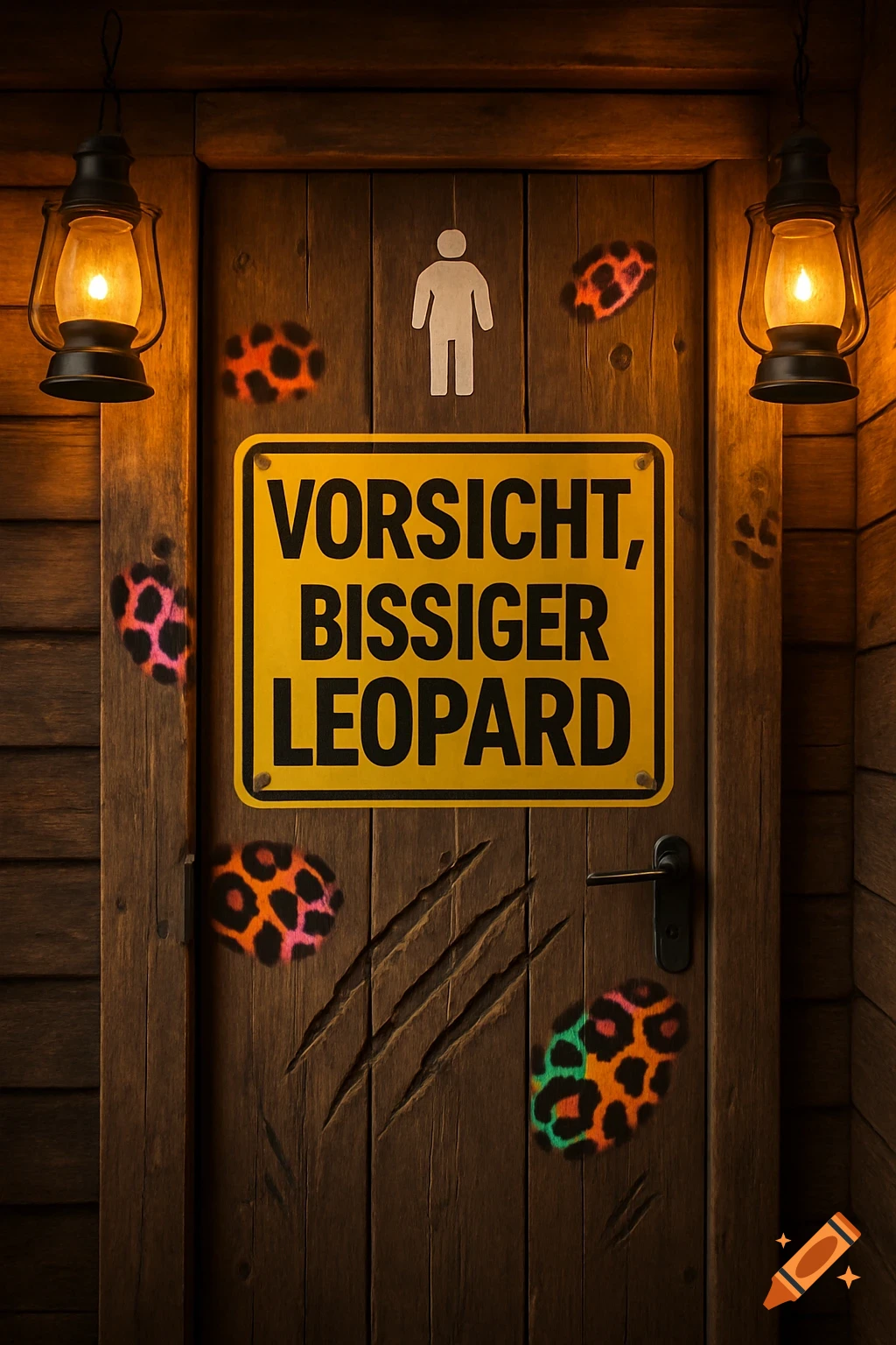 Wooden restroom door with a yellow 'Caution, Biting Leopard' sign, glowing leopard spots, and claw marks, lit by lanterns.