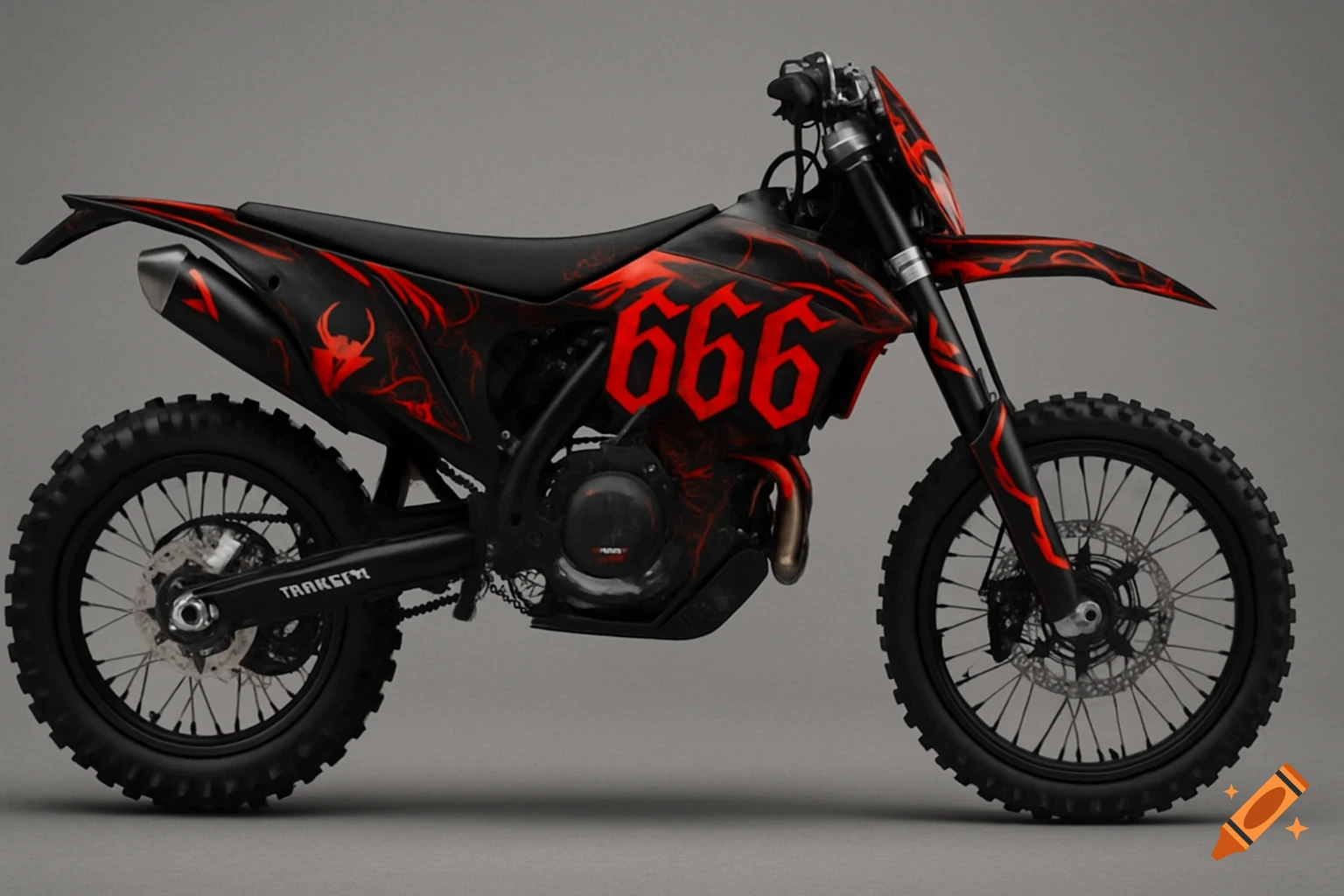 A custom black and red dirt bike with the number 666 prominently displayed on its side, featuring devil-like red flame graphics and off-road tires, photographed against a neutral gray background.