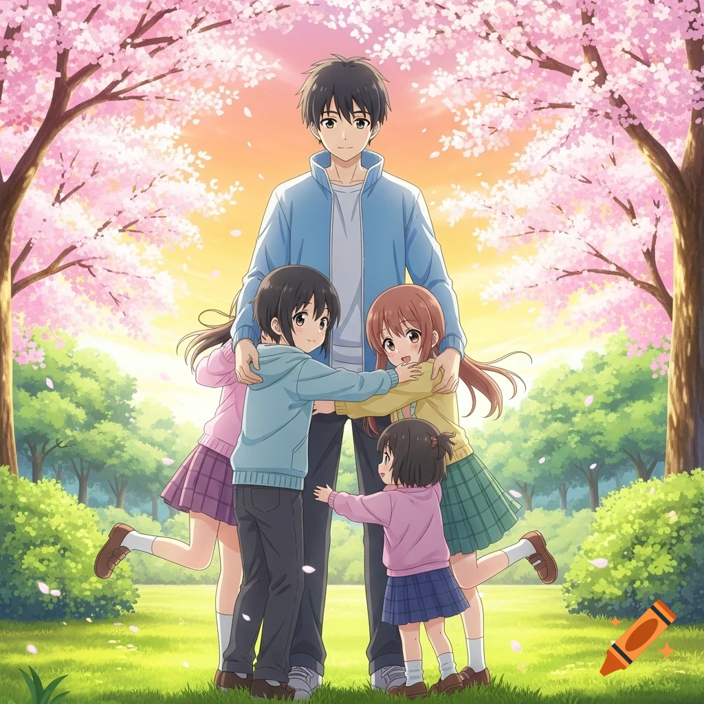 Anime-style scene of an older brother embracing his three younger siblings in a park filled with pink cherry blossom trees.