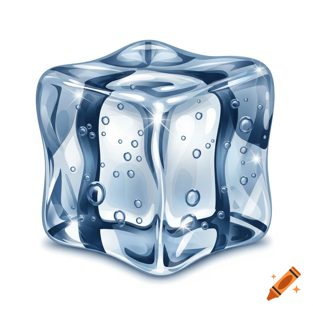 A shiny, stylized vector illustration of an ice cube with air bubbles, casting a subtle shadow on a white background.