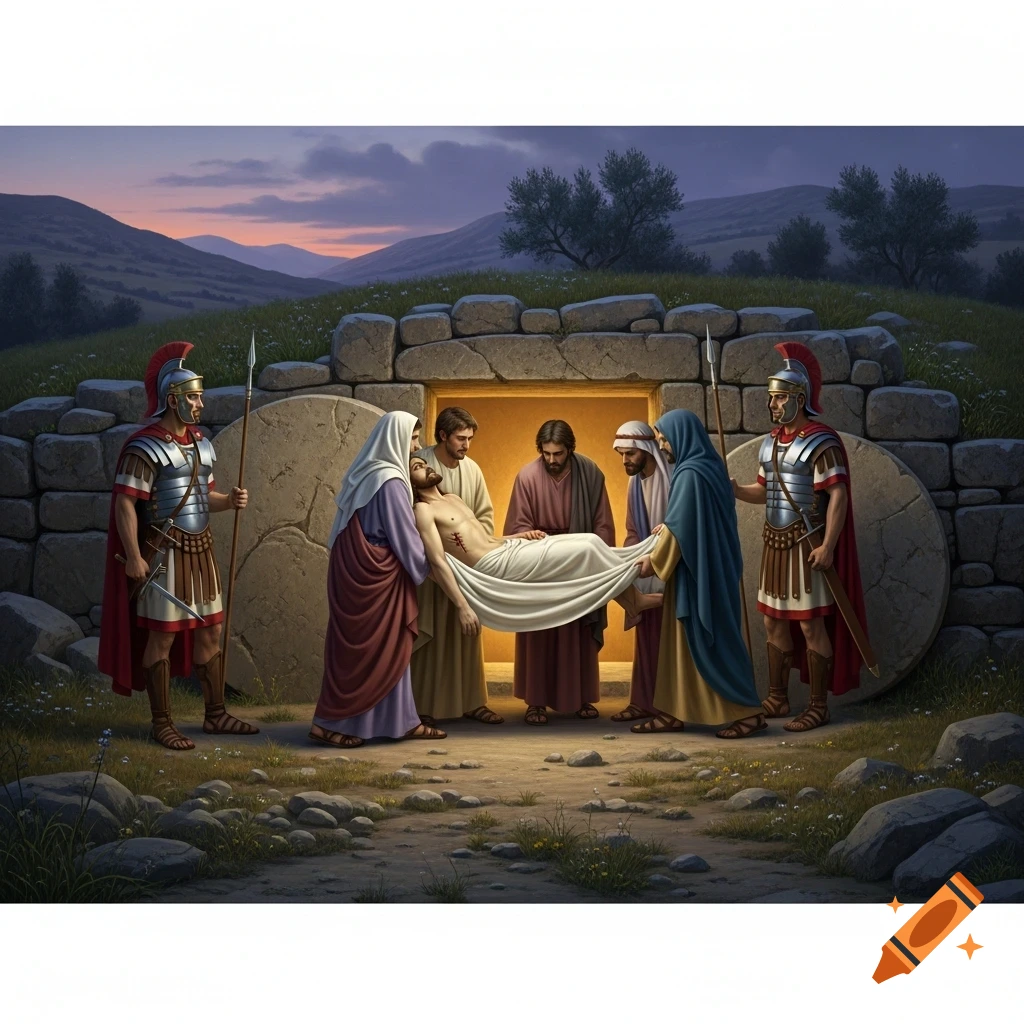 Realistic depiction of Jesus's body being carried into a stone tomb by disciples, guarded by two Roman soldiers at sunset.