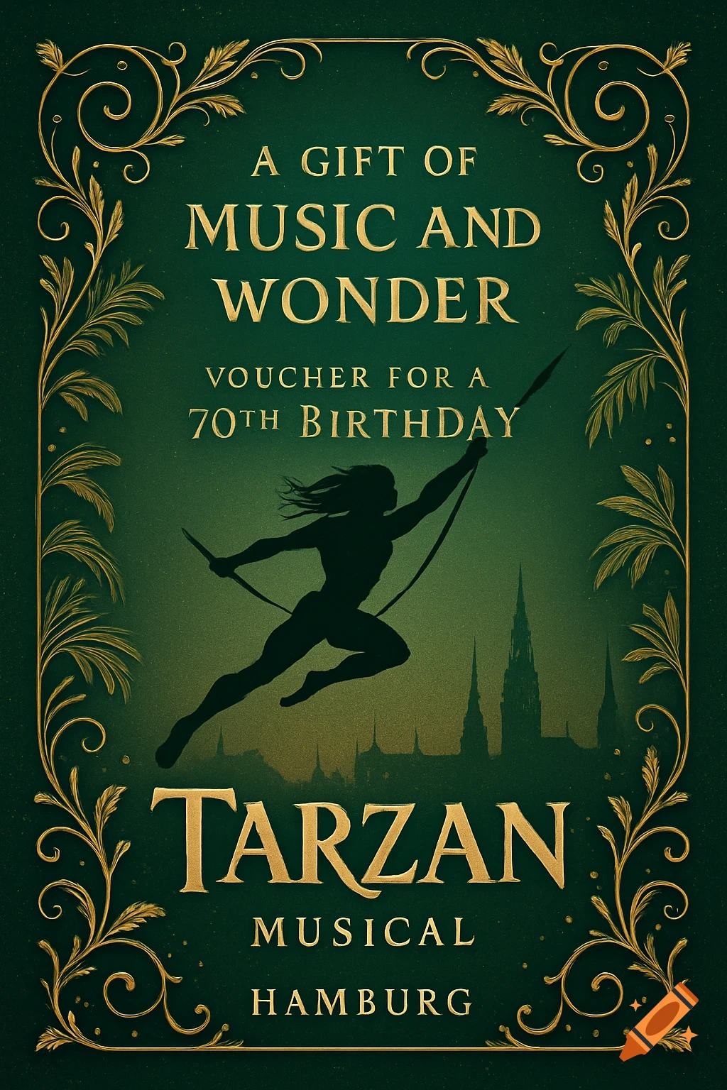 Dark green voucher with golden ornate borders, featuring a Tarzan silhouette swinging above a city skyline, text "TARZAN MUSICAL HAMBURG".