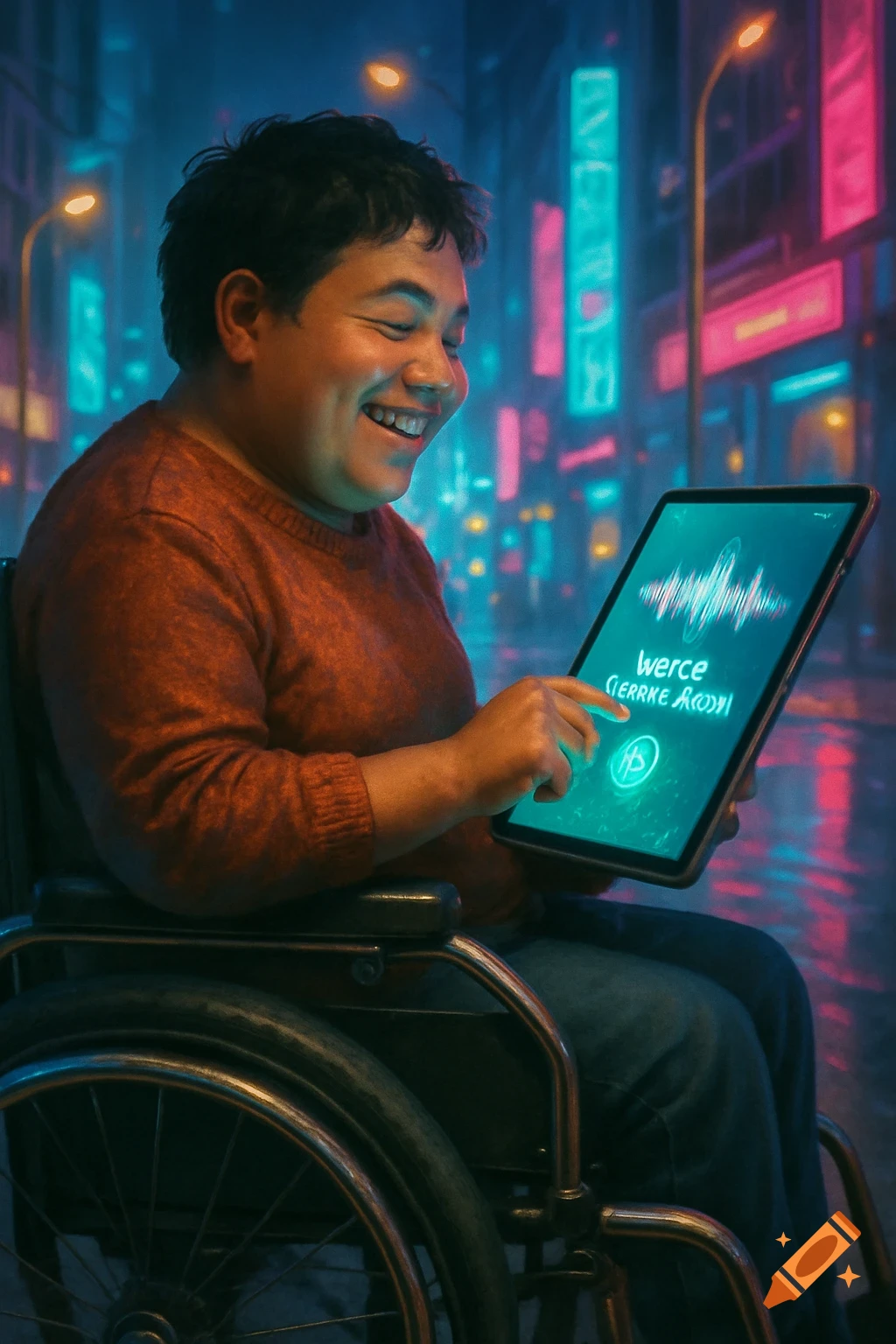 A smiling person in a wheelchair uses a tablet with a voice recognition app in a neon-lit city at night, photorealistic.