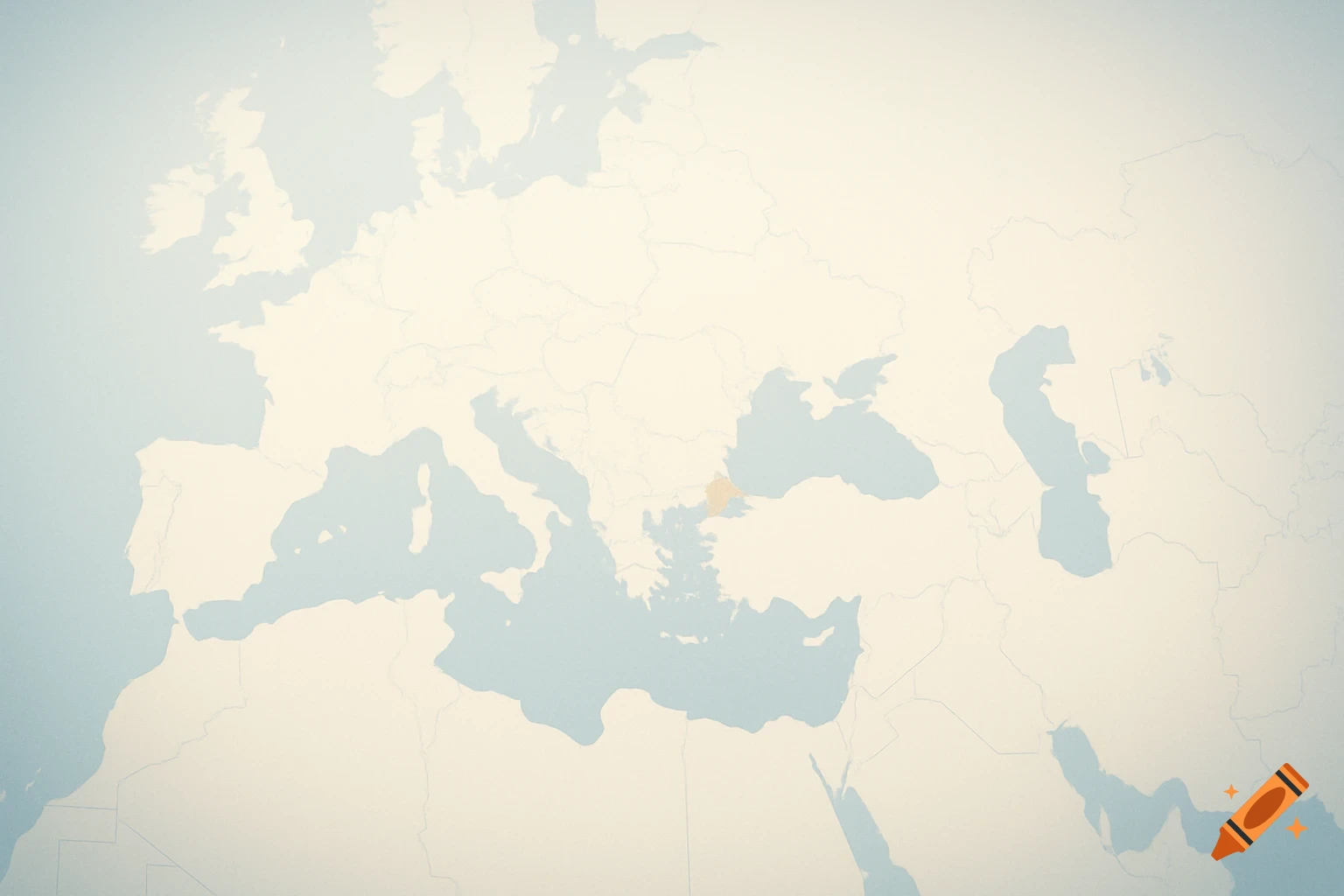 Minimalist world map with Eastern Mediterranean highlighted in subtle blue and beige, featuring a light vignette.