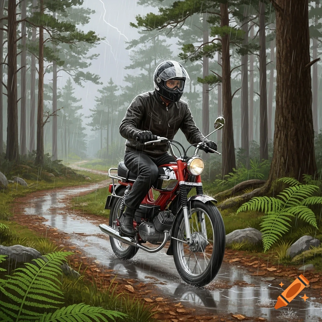 A person on a red moped rides through a muddy, leaf-covered path in a dense, rainy forest with lightning in the sky. Photorealistic style.
