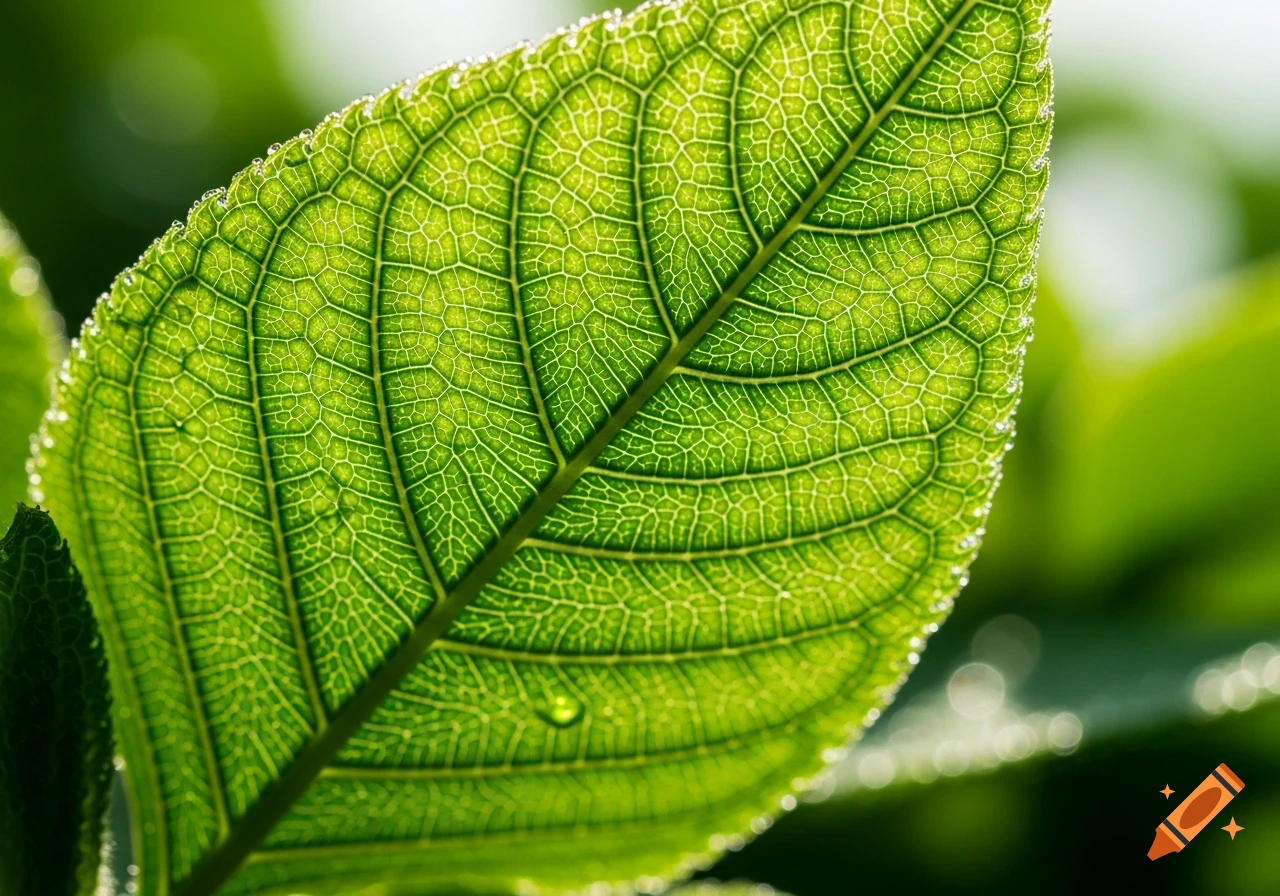 Close-up macro shot of a vibrant green leaf with intricate veins and water droplets, backlit by the sun.